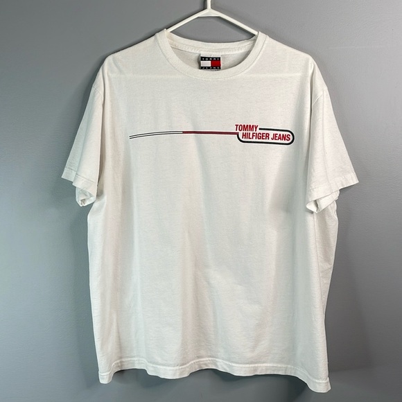 Vintage 90s Mens Tommy Hilfiger Jeans Graphic Logo T-Shirt White Crewneck Boxy L - Picture 9 of 9